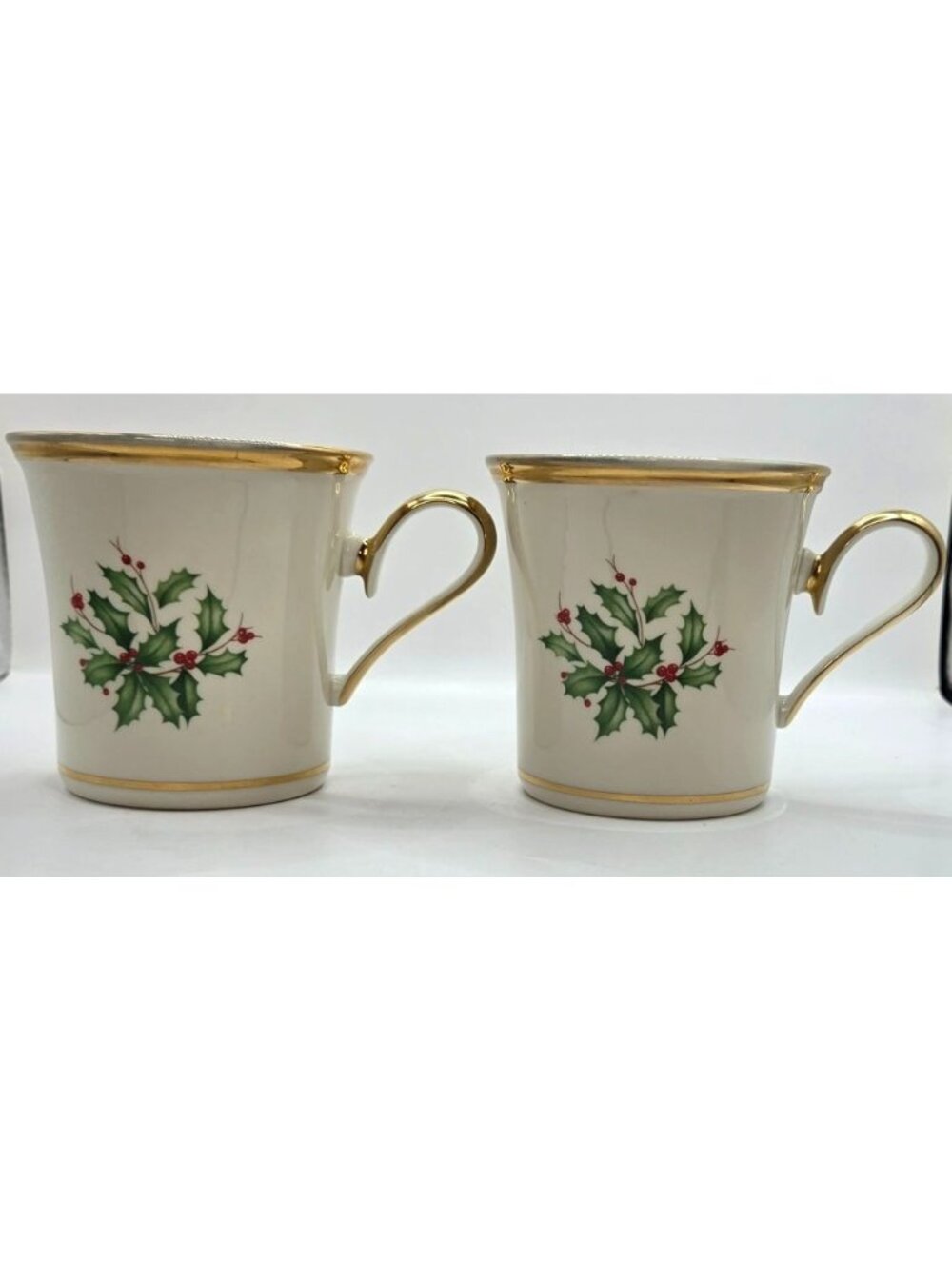 Lenox Holiday Dimensions Mug Set Of 2 Christmas Holly Berry Gold Trim USA-Made